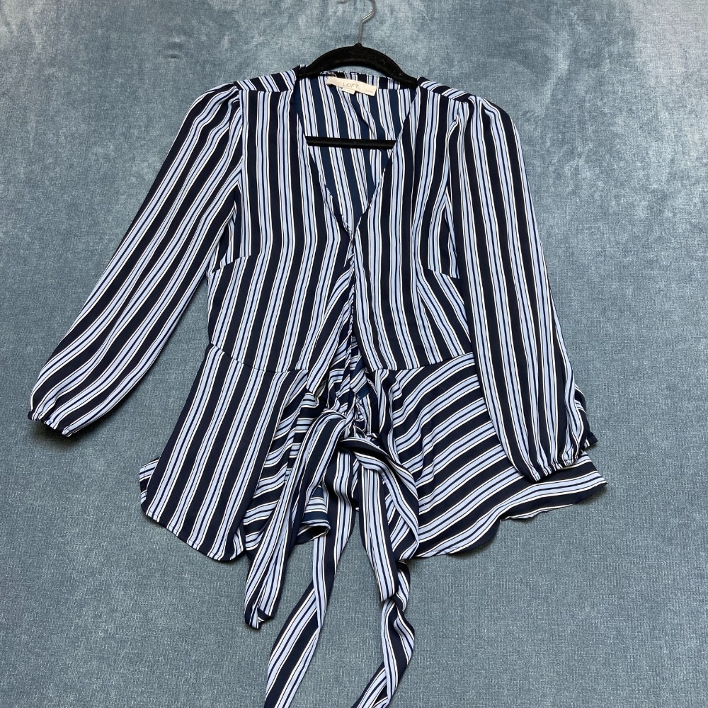 LOFT Wrap Blouse Top Women Small Petite Multicolor Striped Balloon Sleeve V Neck